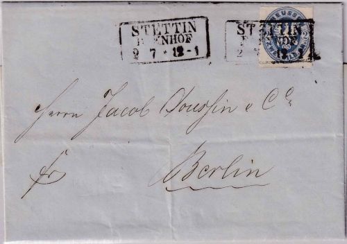 Preussen - 2 Sgr. Adler Brief Ra2 Stettin Bahnhof - Berlin 2/7 (1863) mit Inhalt