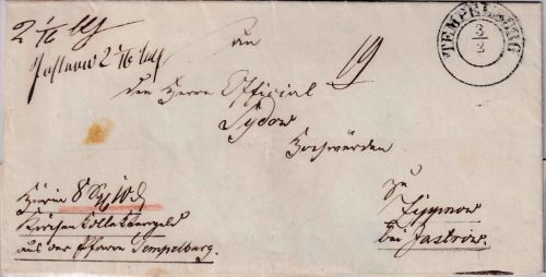 Preussen - Tempelburg 3/2 K2 Fahrpost-Geldbrief n. Zippnow b. Jastrow 1852