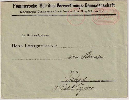 DR-Infla - Stettin 28.9.23 250.000 M. Postfreistempel Firmenbrief n. Tychow