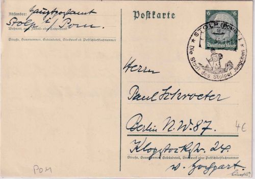 DR - Stolp (Pomm.) "Die Stadt des Stolper Jungchen" Handwerbestempel Karte 1936