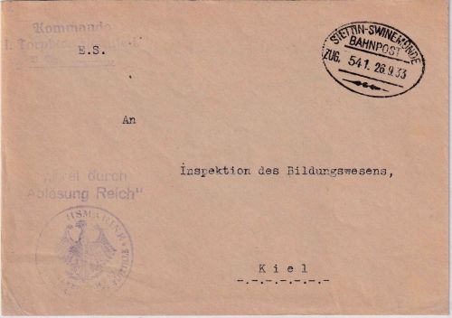 DR - Stettin/Swinemünde Zug 541 Bahnpost-Stpl. Marinesache/Brief n. Kiel 1933