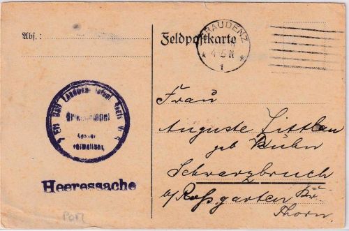 DR - Graudenz 1917 Heeressache/portofr. Karte n. Schwarzbruch