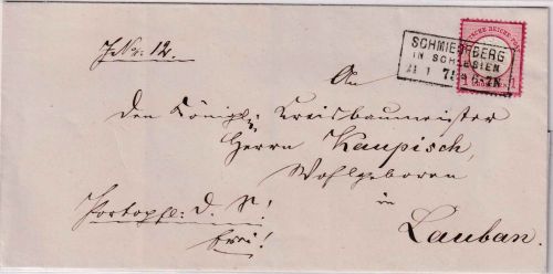 DR - 1 Gr. gr. Brustschild Brief Ra3 Schmiedeberg in Schlesien - Lauban 21.1.75