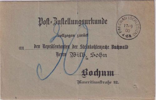 DR - Parchau (Schlesien) 17.9.00 K1 Post-Zustellurkunde n. Bochum - Nachporto