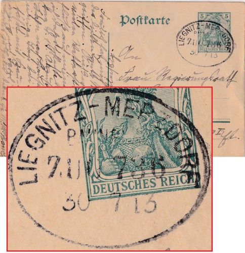 DR - Liegnitz Merzdorf Zug 736 Bahnpost-Stempel 5 Pfg. Germania Ganzsache 1913