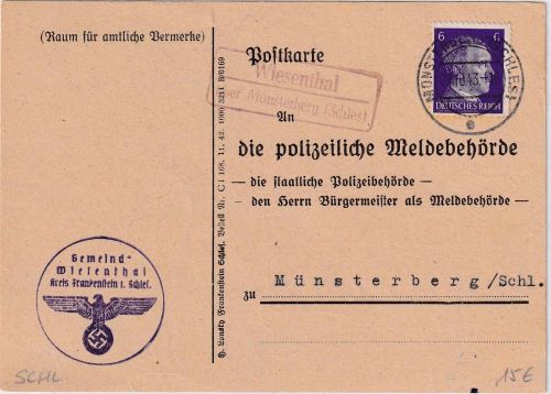 DR - Wiesenthal ü. Münsterberg (Schles.) Landpost-Ra2 Karte n. Münsterberg 1943