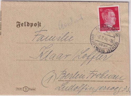 DR - Gebhardsdorf ü. Greiffenberg (Schles,) 8.2.45 Poststelle I Faltbrief