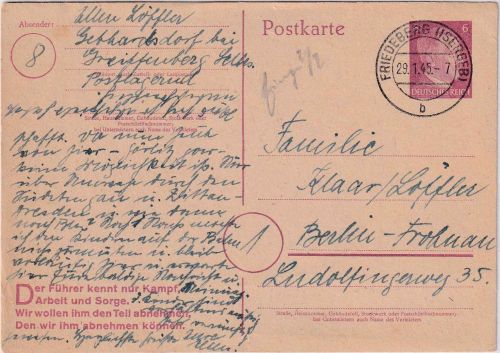 DR - Friedeberg (Isergeb.) 29.1.45 6 Pfg. AH Ganzsache n. Berlin