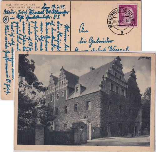 DR - Waldenburg (Schles.) 9.2.45 6 Pfg. AH AK Schloss Waldenburg n. Biehla