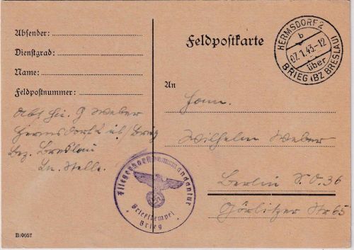 DR - Hermsdorf 2 ü. Brief (Bz. Breslau) Poststelle I Feldpostkarte n. Berlin