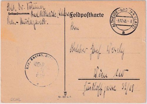 DR - Altheide-Bad (Kr. Glatz) 3.12.43 Feldpostkarte (Reserve-Kurlazarett) n Wien