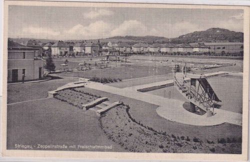 Schlesien - Striegau Zeppelinstraße Freibad sw-AK ungebraucht ca 1935