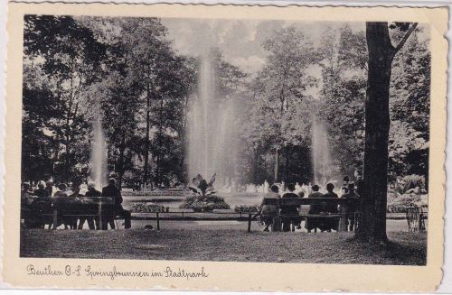 Schlesien - Beuthen Stadtpark Springburnnen sw-AK gebraucht 1939