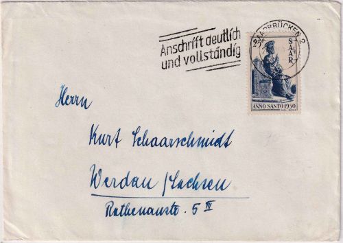 Saarland - 25 Fr. Heiliges Jahr Brief Saarbrücken - Werdau 20.10.50