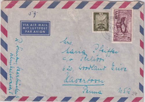 Saarland - 45+8 Fr. Freimarken Luftpostbrief n. USA Saarbrücken 23.4.55