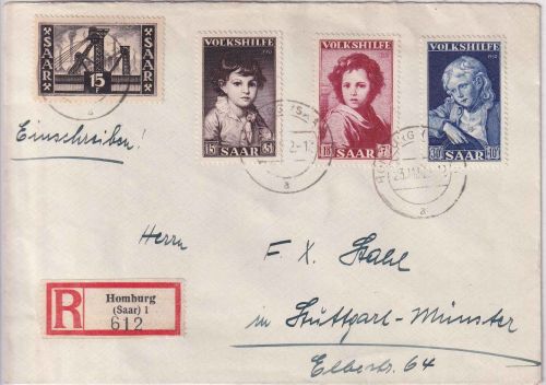 Saarland - Volkshilfe 1952 u.a. Einschreibebrief Homburg - Stuttgart 23.11.52