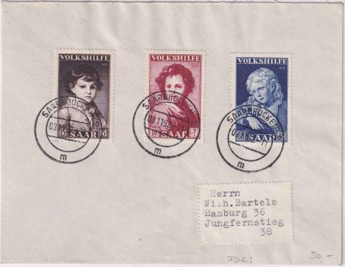 Saarland - Volkshilfe 1952 Brief/FDC Saarbrücken - Hamburg 3.11.52