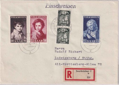 Saarland - Volkshilfe 1952 ua. Einschreibebrief Saarbrücken Ludwigsburg 13.12.52