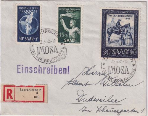 Saarland - 30 Fr. IMOSA/Tag d. Briefmarke u.a. R-Brief/FDC Saarbrücken 30.3.52
