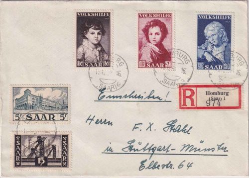 Saarland - Volkshilfe 1952 u.a. Einschreibebrief Homburg - Stuttgart 15.12.52