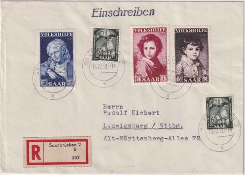 Saarland - Volkshilfe 1952 ua. Einschreibebrief Saarbrücken Ludwigsburg 13.12.52