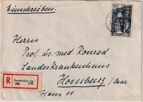 Saarland - 50 Fr. Freimarke Einschreibebrief Saarbrücken 6 - Homburg 6.12.49