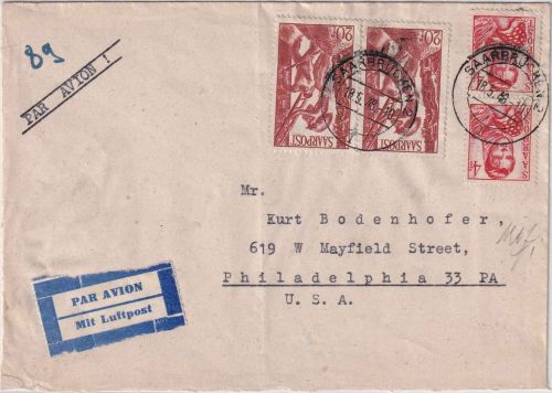 Saarland - 2x20+2x4 Fr. Luftpostbrief n. USA Saarbrücken Philadelphia 18.5.48 R!