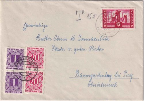 Saarland - 15 Fr. Schachtanlage unterfrankierter brief n. ÖSTERREICH 3.1.56