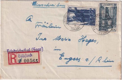 Saarland - 50+10 Fr. Freimarken Einschreibebrief Friedrichsthal-Bildstock 8.8.49