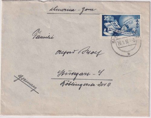 Saarland - 25 Fr. Europarat Brief Saarbrücken - Stuttgart 20.1.51