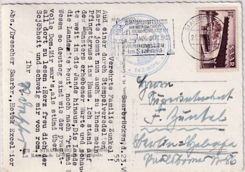 Saarland - 18 Fr. Freimarke Karte Saarbrücken - Berlin 23.5.55