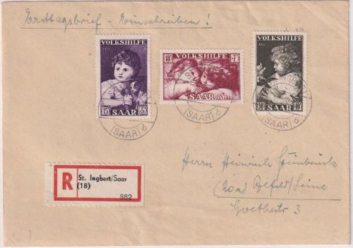Saarland - Volkshilfe 1953 u.a. Einschreibebrief/FDC St. Ingbert 16.11.53
