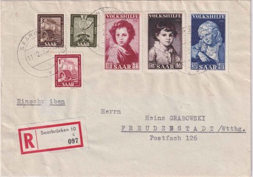 Saarland - Volkshilfe 1952 u.a. Einschreibebrief Saarbrücken - Freudenstadt 1953