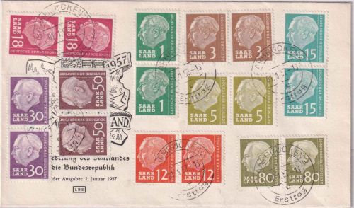 Saarland - Heuss I Ausgabe 1.1.57 in Paaren (OHNE 100 Fr.) FDC Saarbrücken