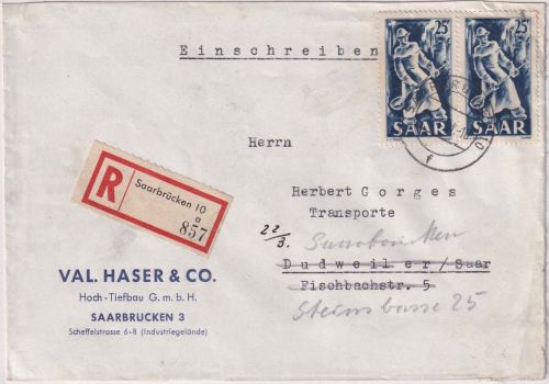 Saarland - 2x25 Fr. Freimarken (Schmelzer) Einschreibebrief Saarbrücken 19.3.54