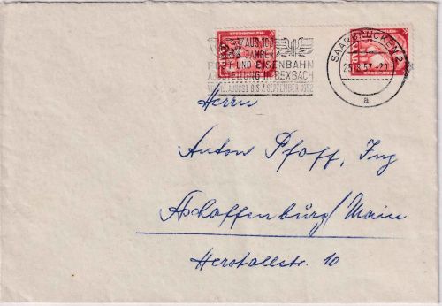 Saarland - 2x15 Fr. Freimarke/Zwischensteg Brief Saarbrücken 25.8.52