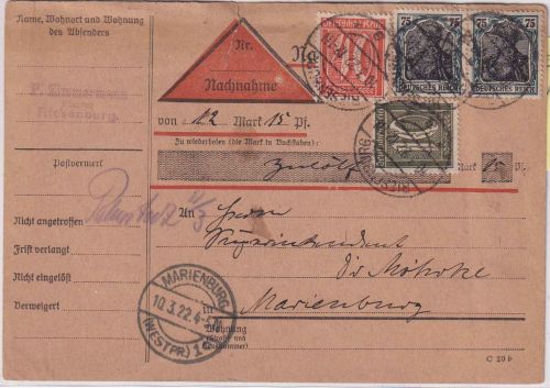 DR-Infla - 2x75 Pfg. Germania ua. Nachnahmekarte Riesenburg - Marienburg 10.3.22