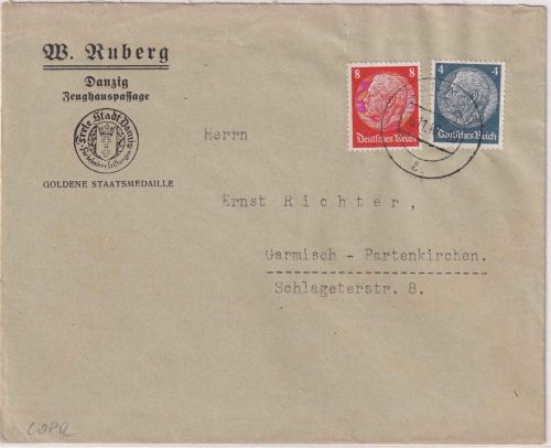 DR - 8+4 Pfg. Hindenburg Firmenbrief Danzig 5 - Garmisch 1940