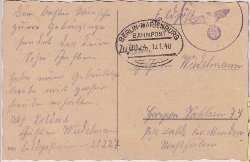DR - Berlin Marienburg Zug 0024 Bahnpost Feldpostkarte Fp.Nr. 20227 n. Gorspen