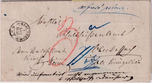 Württemberg - Kirchheim 19. NOV 1856 Portobrief n. Oberkessach - Retourvermerk