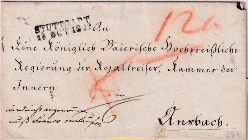 Württemberg/Bayern - Stuttgart 13. OCT 1822 Portobrief n Ansbach - Retourvermerk