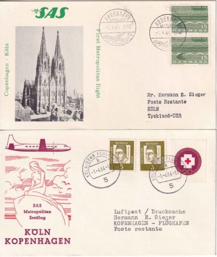 BRD/Dänemark - SAS Erstflug Köln Kopenhagen u. retour 2 Belege 1.4.64