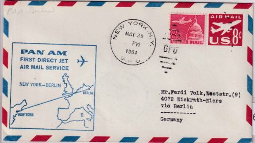 USA - PanAm Erstflug New York GPO Berlin 30.5.64 blauer Flugbestätigungsstempel