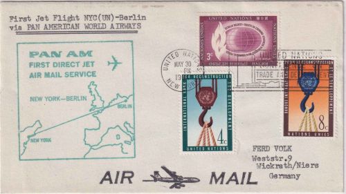 USA - PanAm Erstflug UNO New York Berlin 30.5.64 grüner Flugbestätigungsstempel