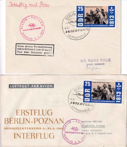 DDR - Interflug Erstflug Berlin/Ost Poznan 6.6.64 2 Belege 1x Hinweisstempel