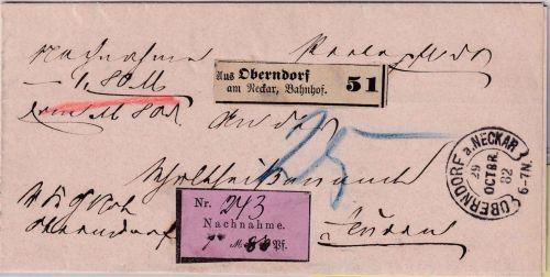Württemberg - Oberndorf a. Neckar 29. OCTBR. 82 Hufeisenstempel Nachnahmebrief