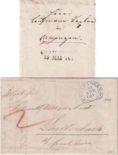 Württemberg - Ellwangen 30. APR 181 blauer Steigbügelstpl. Portobrief 1849