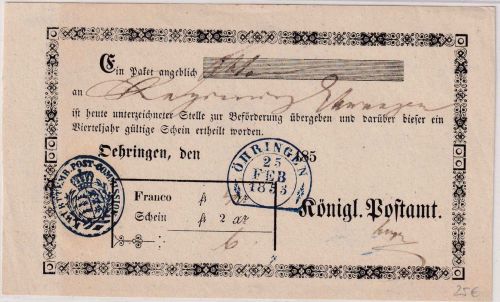 Württemberg - Öhringen 25. FEB 1853 blauer Steigbügelstpl. Paketaufgabeschein