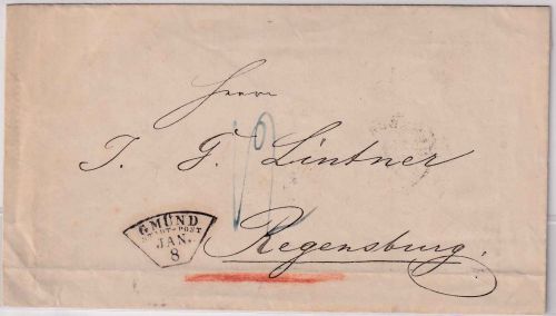 Württemberg/Bayern - Gmünd JAN8 Fächerstempel Portobrief n. Regensburg 1865