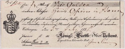 Württemberg - Tübingen 1836 Fahrpost-Aufgabeschein m. Ortsvordruck